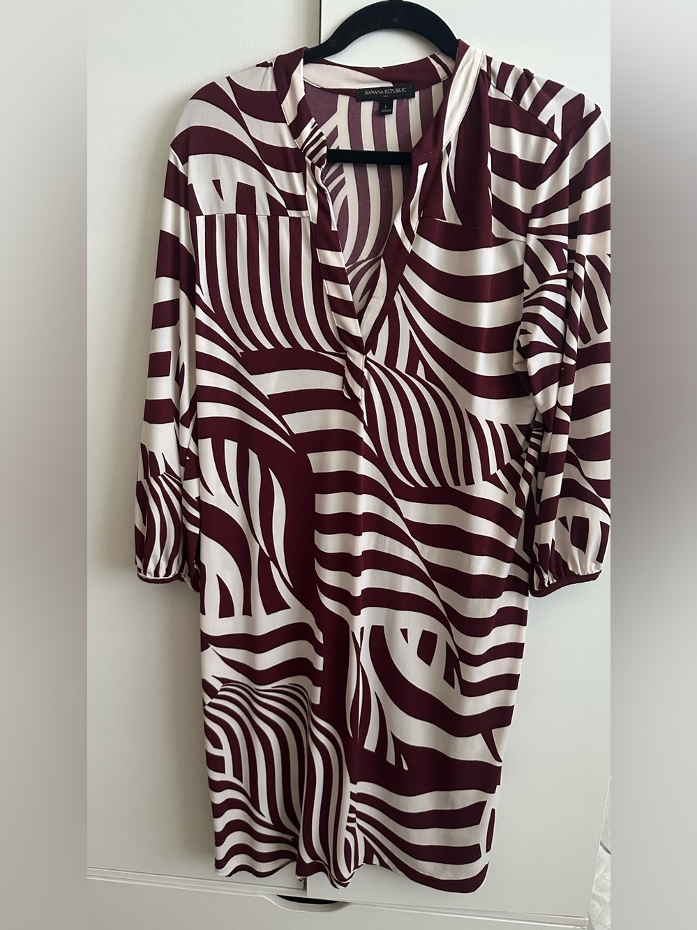 Banana Republic Burgundy and Cream Abstract V-Neck Dress